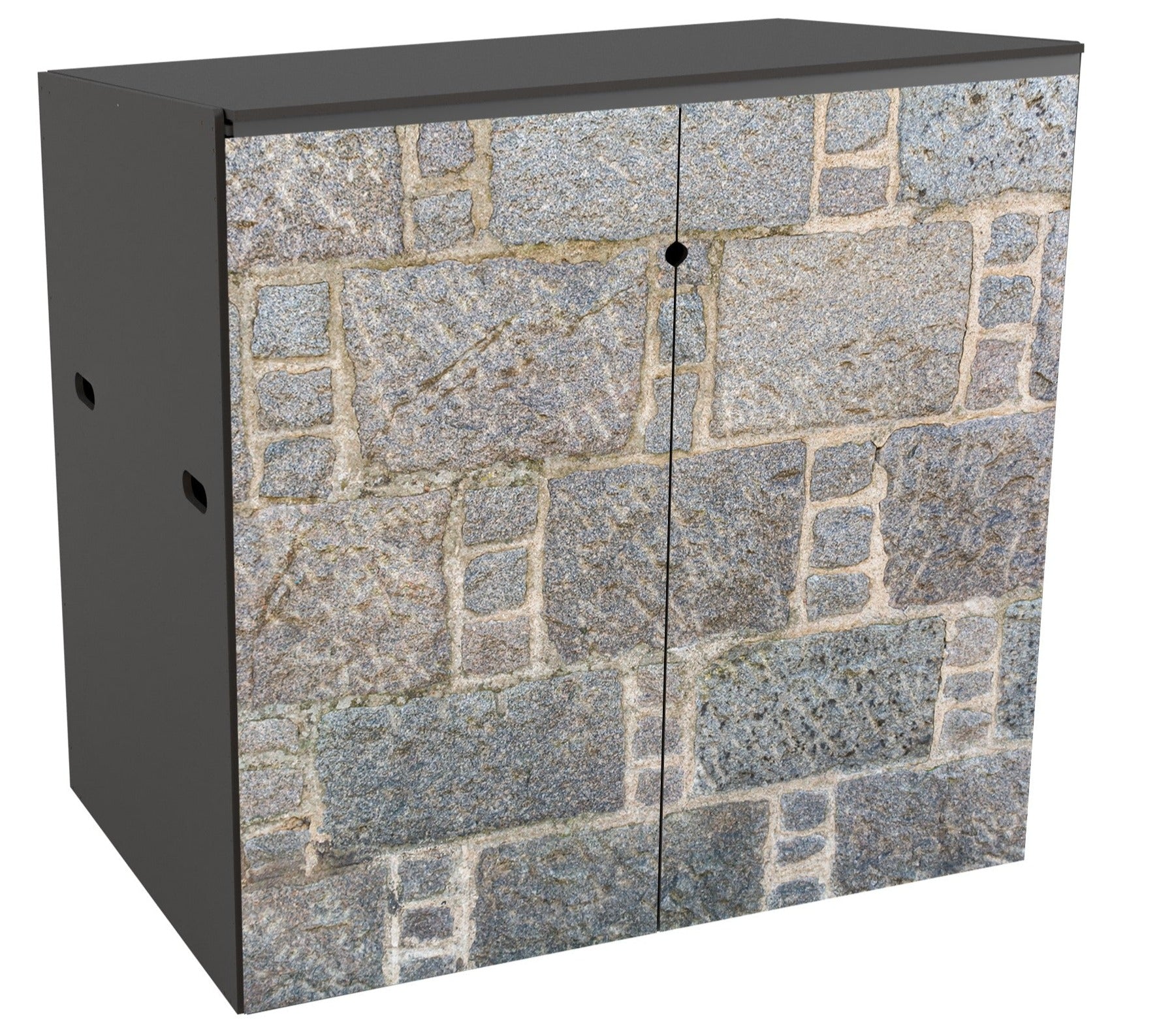 A binstore for 2 bins featuring a life size photograph on the front of the store of a simple textured granite wall of roughish hewn  grey blocks, almost 5 courses deep. Between each main stone are 3 much smaller blocks to from a pattern commonly seen in Buchan, Aberdeenshire.