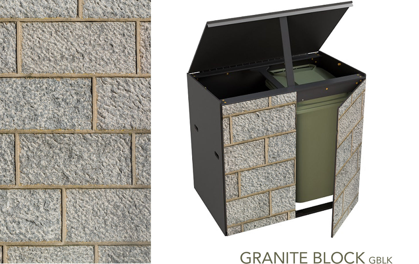 Storage for 2 wheelie bins. The life-sized image of granite block as before but showing the lid of the store propped open and one door ajar revealing a green wheelie-bin inside.