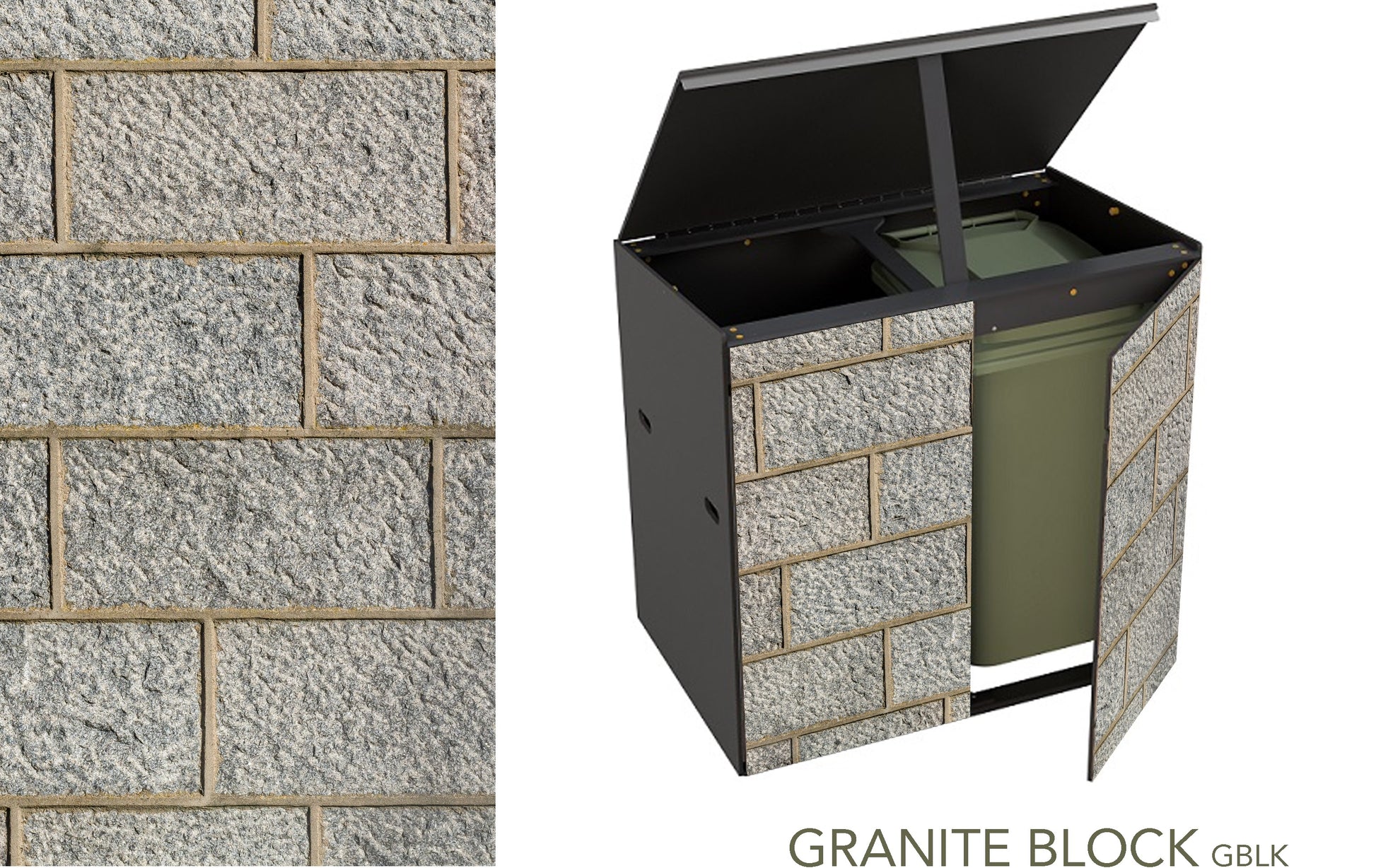 Storage for 2 wheelie bins. The life-sized image of granite block as before but showing the lid of the store propped open and one door ajar revealing a green wheelie-bin inside.
