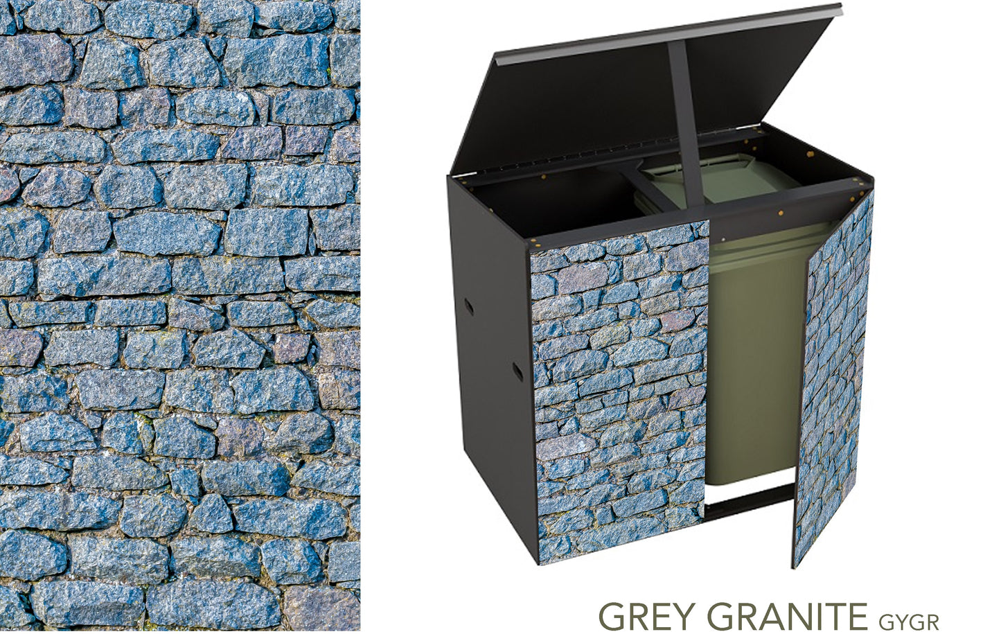 The same smallish blue-grey blocks but in this image the lid of the unit is propped open and one of the doors is ajar revealing a green wheelie-bin.