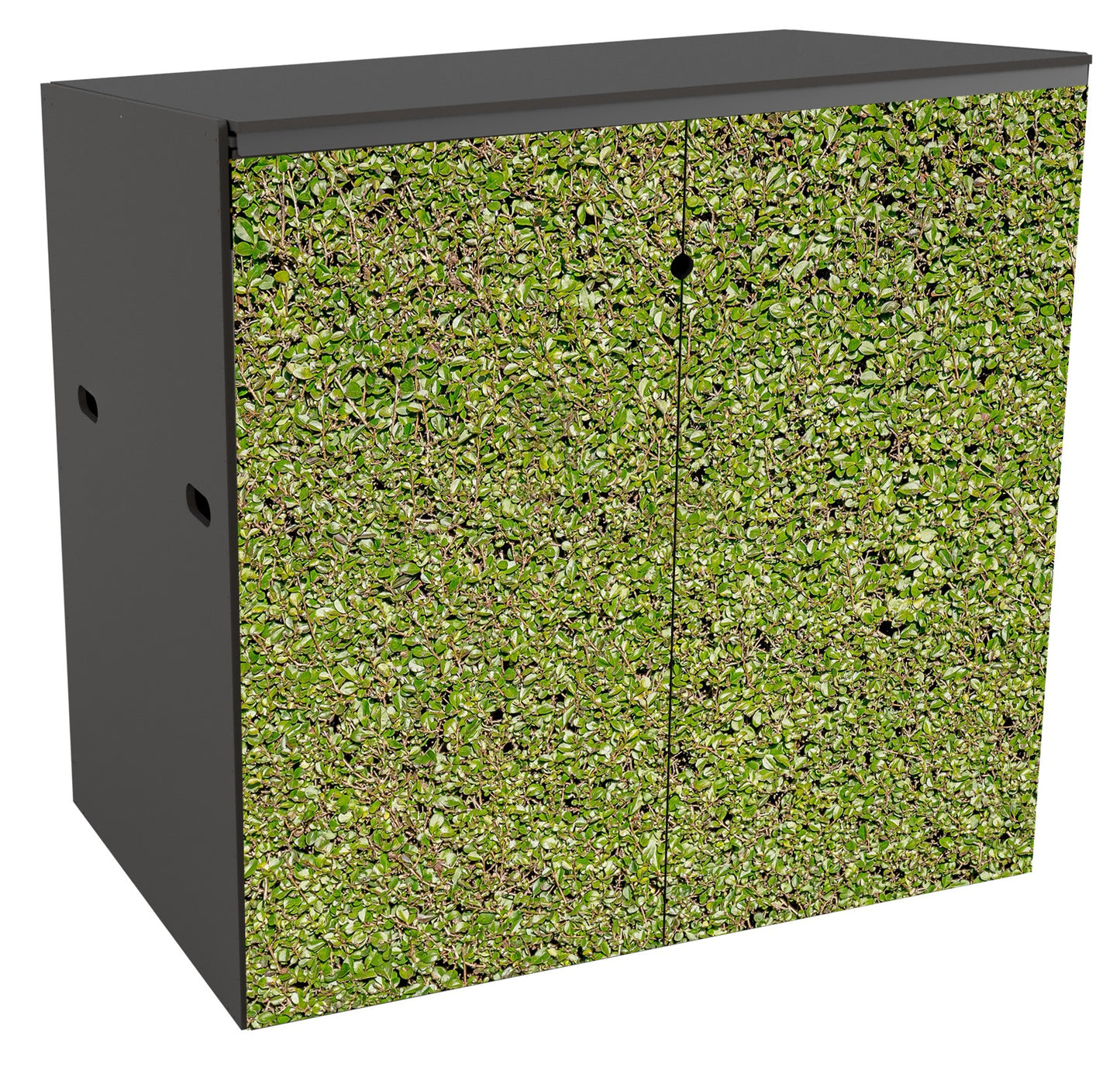 A store for 2 wheelie bins. The 2 doors of the unit display a photo at actual size of a type of a neatly-clipped hedge similar to privet with small densely packed green leaves. It gives a uniform face of colour, texture and tone with just occasional small pockets of shadow between leaves.