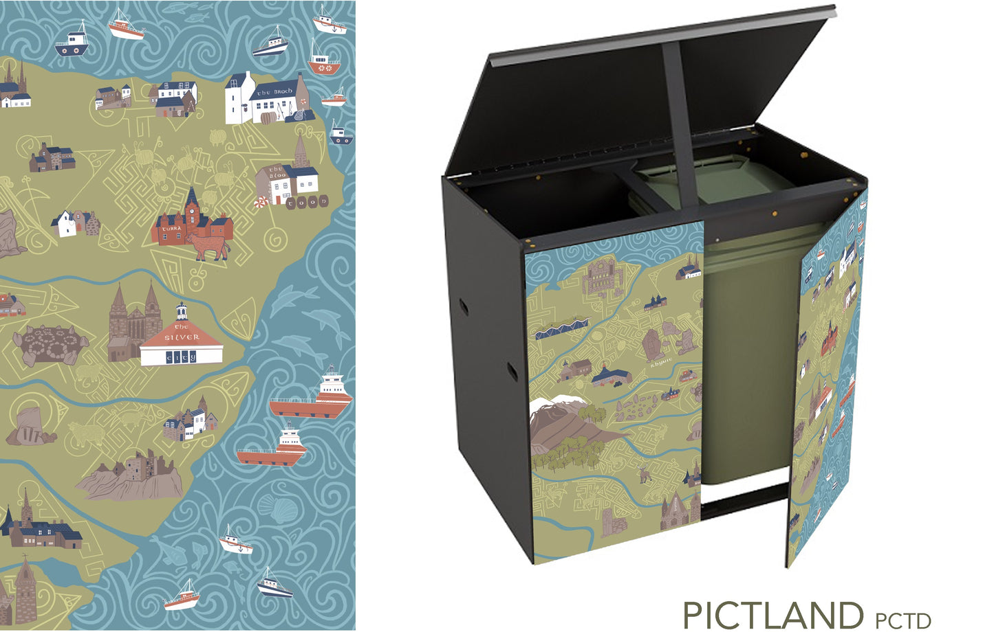 The 2 bin store with beautiful Pictish illustration as described previously but the unit lid is propped open and one of the doors is ajar revealing a green wheelie-bin inside.