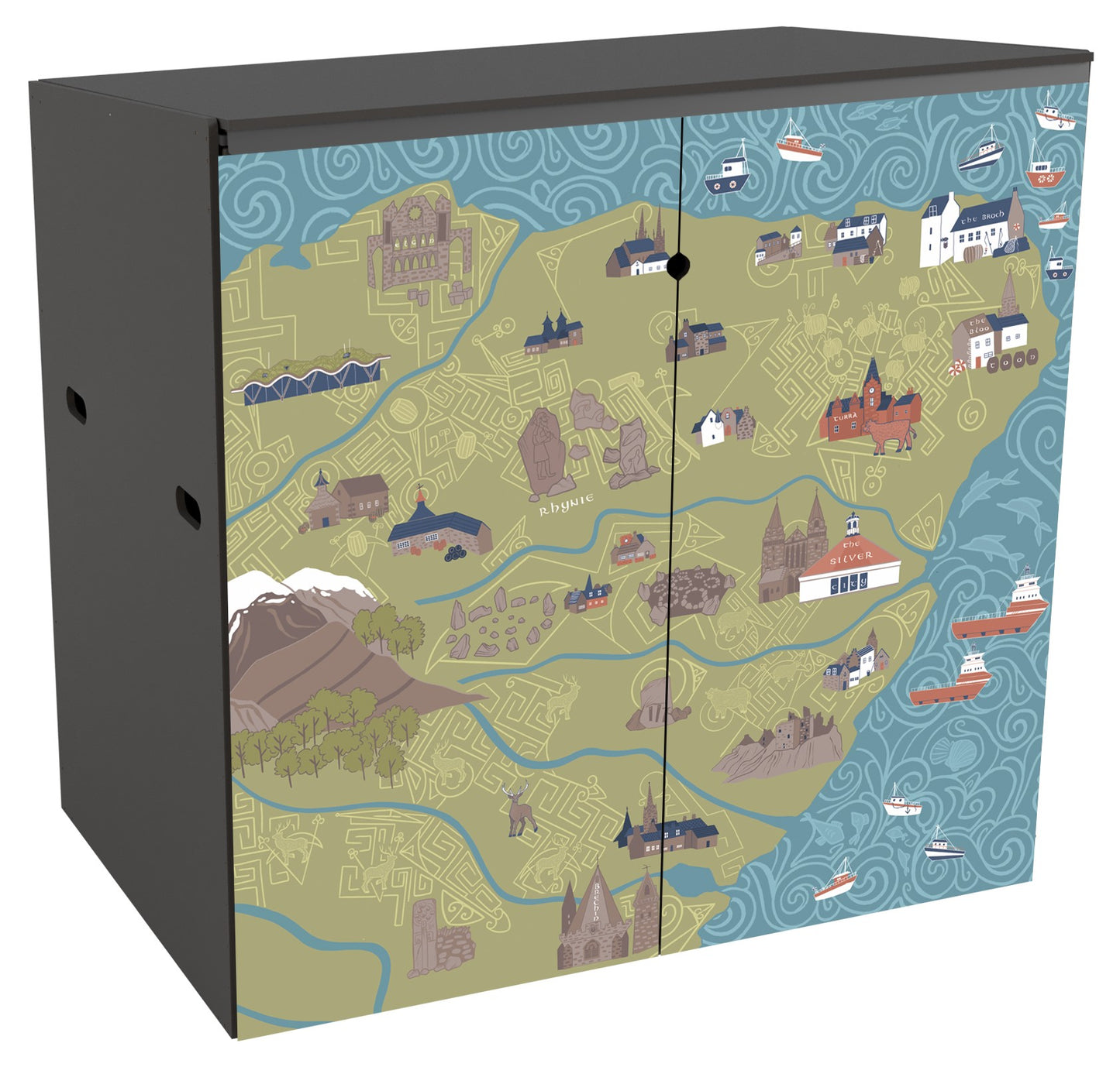 A 2 bin store with pictorial map depicting the Grampian area of Scotland and surrounding coastal waters, with fun illustrations indicating some of the main settlements now and key Pictish places. There are stone circles, cattle, distilleries, castles and cathedrals as well as fishing boats, oil supply ships and the Turra coo! All beautifully illustrated on a olive green background covered in Pictish symbols while the blue sea has graphic swirls concealing dolphins and other sea-life.