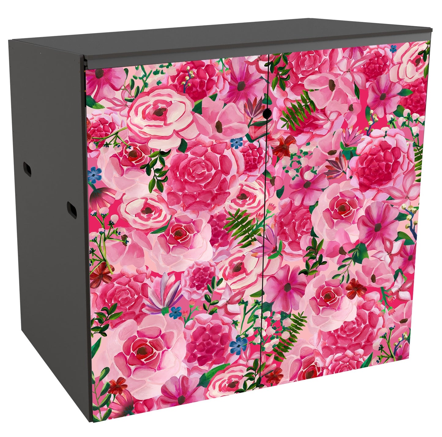 A double storage unit showing a mass of large-scale, stylized blooms done in a hand-painted style in a range of pinks ranging from very pale to shocking pink. Many of the blooms are roselike, with lighter petals on the outer edges and deepening in shade towards the centres. The whole effect is like a giant densely-packed bouquet. To add balance there is the occasional frond of fernlike greenery and delicate pale mimosa like sprigs as well as tiny blue flowers.