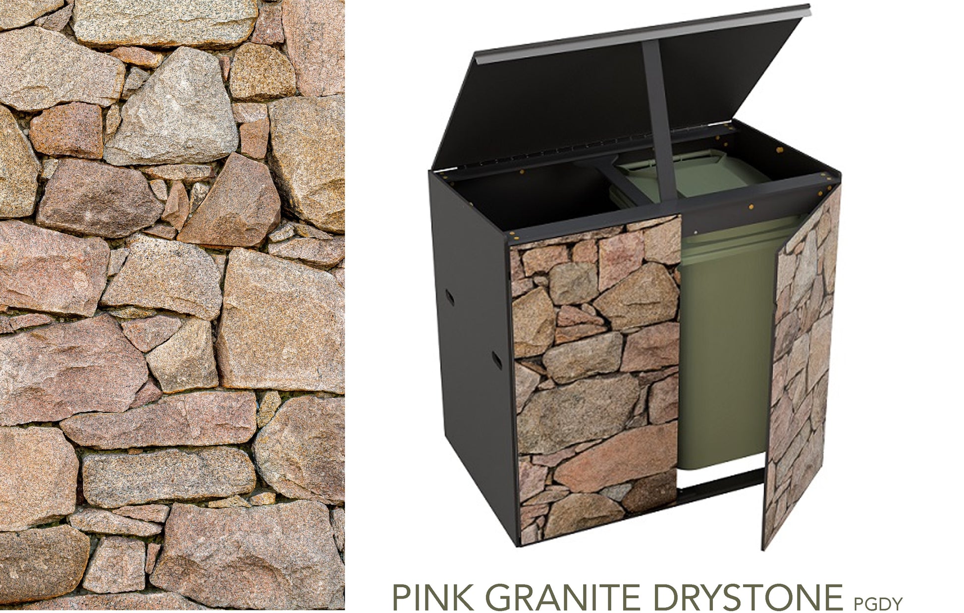 The double binstore  featuring pink granite drystone as before but the lid of the unit is propped open and a door is ajar to reveal a green wheelie-bin inside.