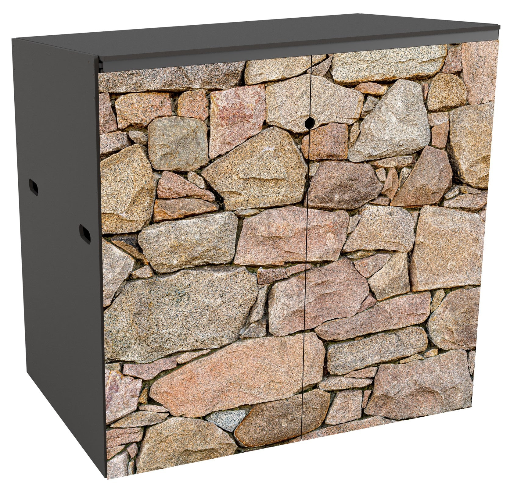 A wheelie bin store for 2 bins. The doors show an actual size photo image of rough hewn pink granite blocks of various shapes and sizes in a drystone arrangement.