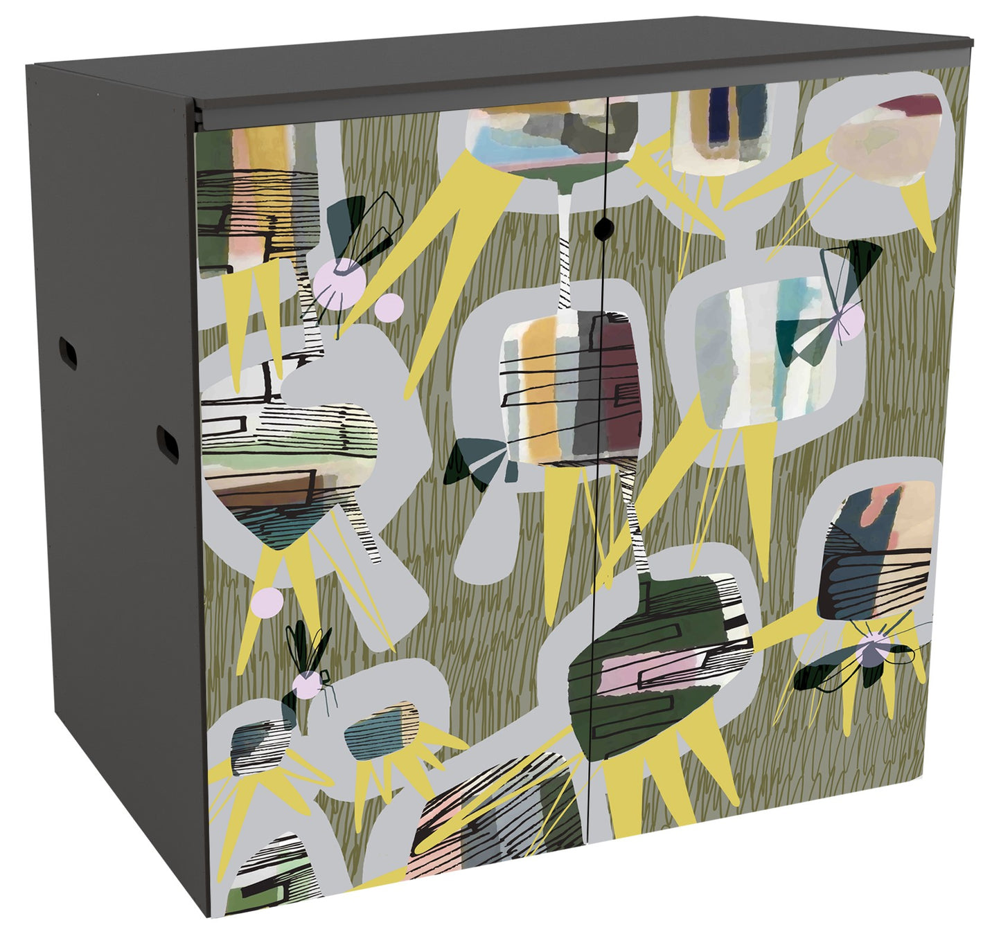 Garden storage with a mid-century modern style design across the doors. The background is a light grey-brown with olive coloured scribbles. On top is a pattern of 12 abstract grey rounded shapes. Superimposed on these are cuboids revealing black linear drawn lines suggestive of an insect wing on top of bands of colour washes in subtle colours. Sharp long triangles suggestive of sunflower petals jut out from sections of the grey shapes and act as a counterbalance to the rounded forms.