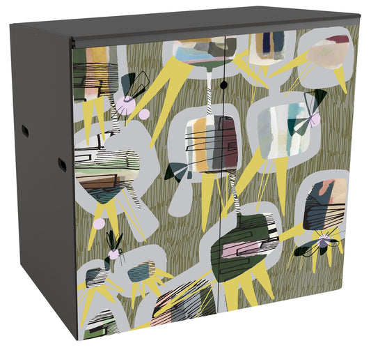 Garden storage with a mid-century modern style design across the doors. The background is a light grey-brown with olive coloured scribbles. On top is a pattern of  12 abstract grey rounded shapes. Superimposed on these are cuboids revealing black linear drawn lines suggestive of an insect wing on top of bands of colour washes in subtle colours. Sharp long triangles suggestive of sunflower petals jut out from sections of the grey shapes and act as a counterbalance to the rounded forms.