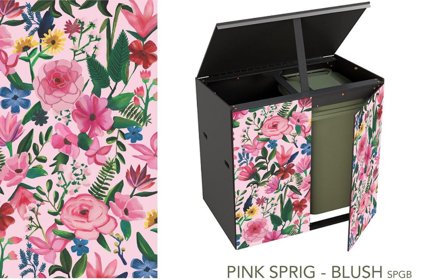 Front view of garden storage unit for 2 bins, the door is ajar revealing a green wheelie bin and the lid is propped open. This design has a blush pink background. The design shows  a variety of blowsy pink blooms as well as some yellow dandelion type flowers, and smaller blue flowers with springs of green foliage in a handpainterly style reminiscent of painted canal barges.