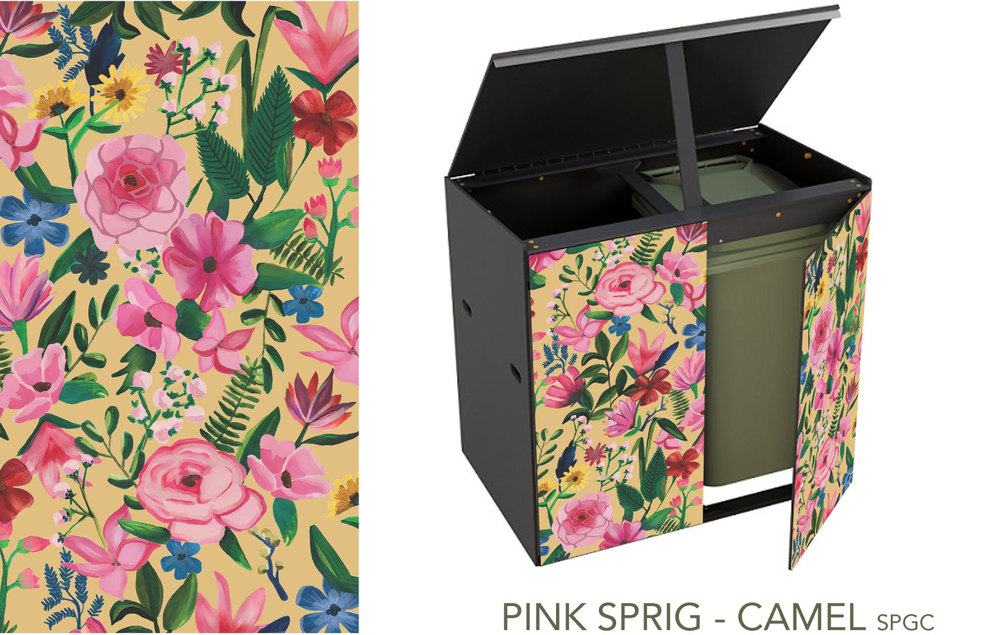 The double storage unit for 2 bins with the lid propped open and the door ajar revealing a green wheelie bin. This design has a camel-coloured background. The design shows a variety of blowsy pink blooms as well as some yellow dandelion type flowers, and smaller blue flowers with springs of green foliage in a handpainterly style reminiscent of painted canal barges.