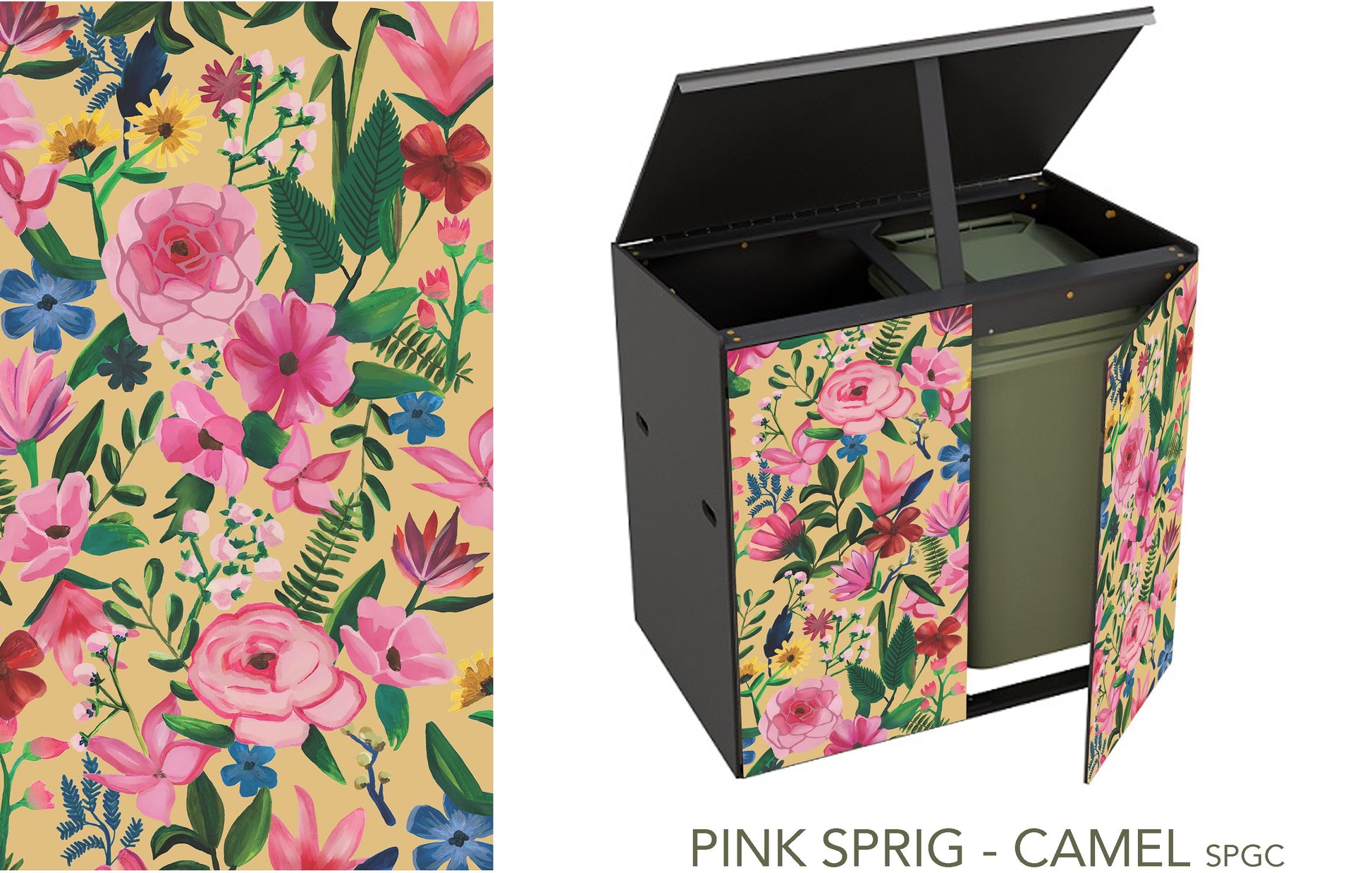 The double storage unit for 2 bins with the lid propped open and the door ajar revealing a green wheelie bin. This design has a camel-coloured background. The design shows a variety of blowsy pink blooms as well as some yellow dandelion type flowers, and smaller blue flowers with springs of green foliage in a handpainterly style reminiscent of painted canal barges.