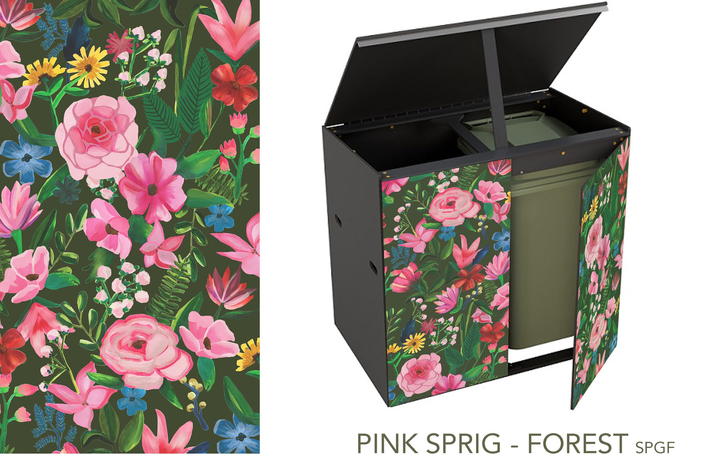 Double storage unit with lid propped open and door ajar, this time with a deep browny-green background the design shows a variety of blowsy pink blooms as well as some yellow dandelion type flowers, and smaller blue flowers with springs of green foliage in a handpainterly style reminiscent of painted canal barges. The colours of the flowers pop against the greeny background
