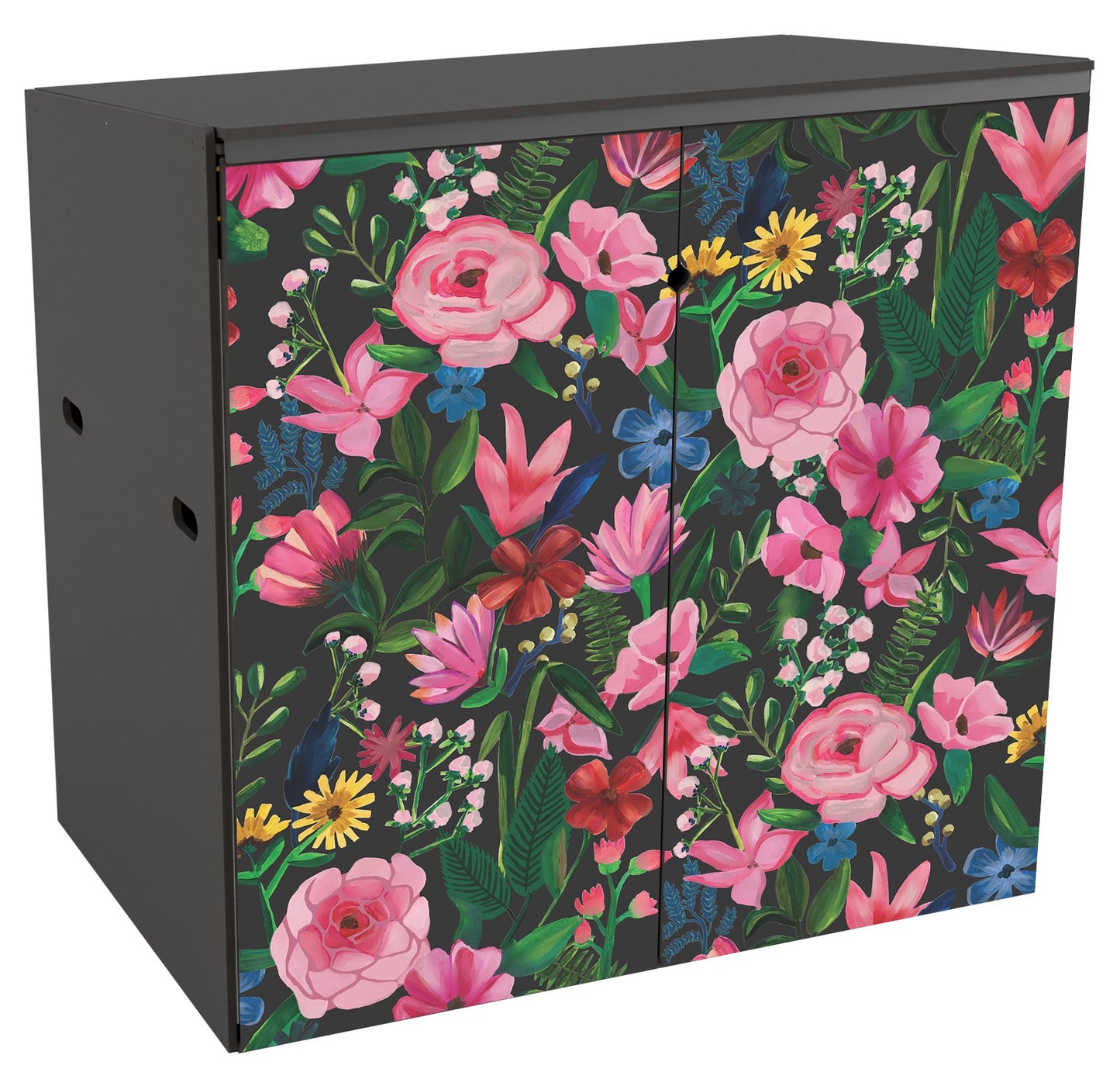 A front view of a double garden storage unit suitable for 2 bins. Mainly a variety of blowsy pink blooms as well as some yellow dandelion type flowers, and smaller blue flowers with springs of green foliage in a handpainterly style reminiscent of painted canal barges. The dark grey background makes the colours pop.