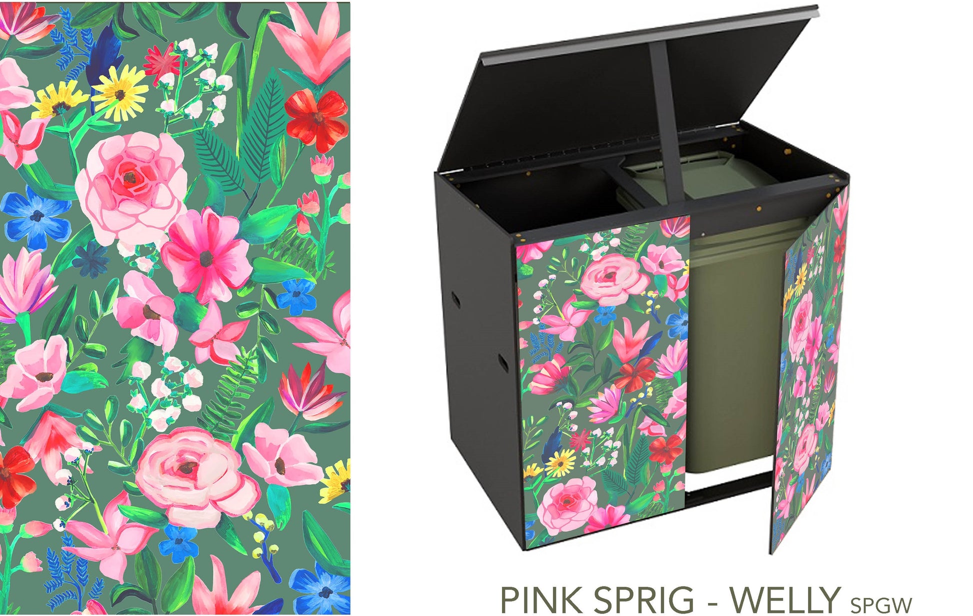 A double unit with the lid propped open and door ajar. This time the background is a blue-green similar to some wellington boots.The design shows a variety of blowsy pink blooms as well as some yellow dandelion type flowers, and smaller blue flowers with springs of green foliage in a handpainterly style reminiscent of painted canal barges.