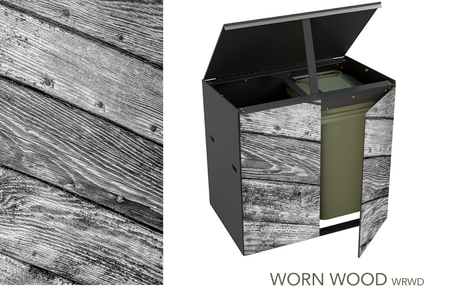 The 2 bin storage unit as before with the same worn wood as the previous image but this has the lid of the store propped open and one door ajar to reveal a green wheelie bin inside.