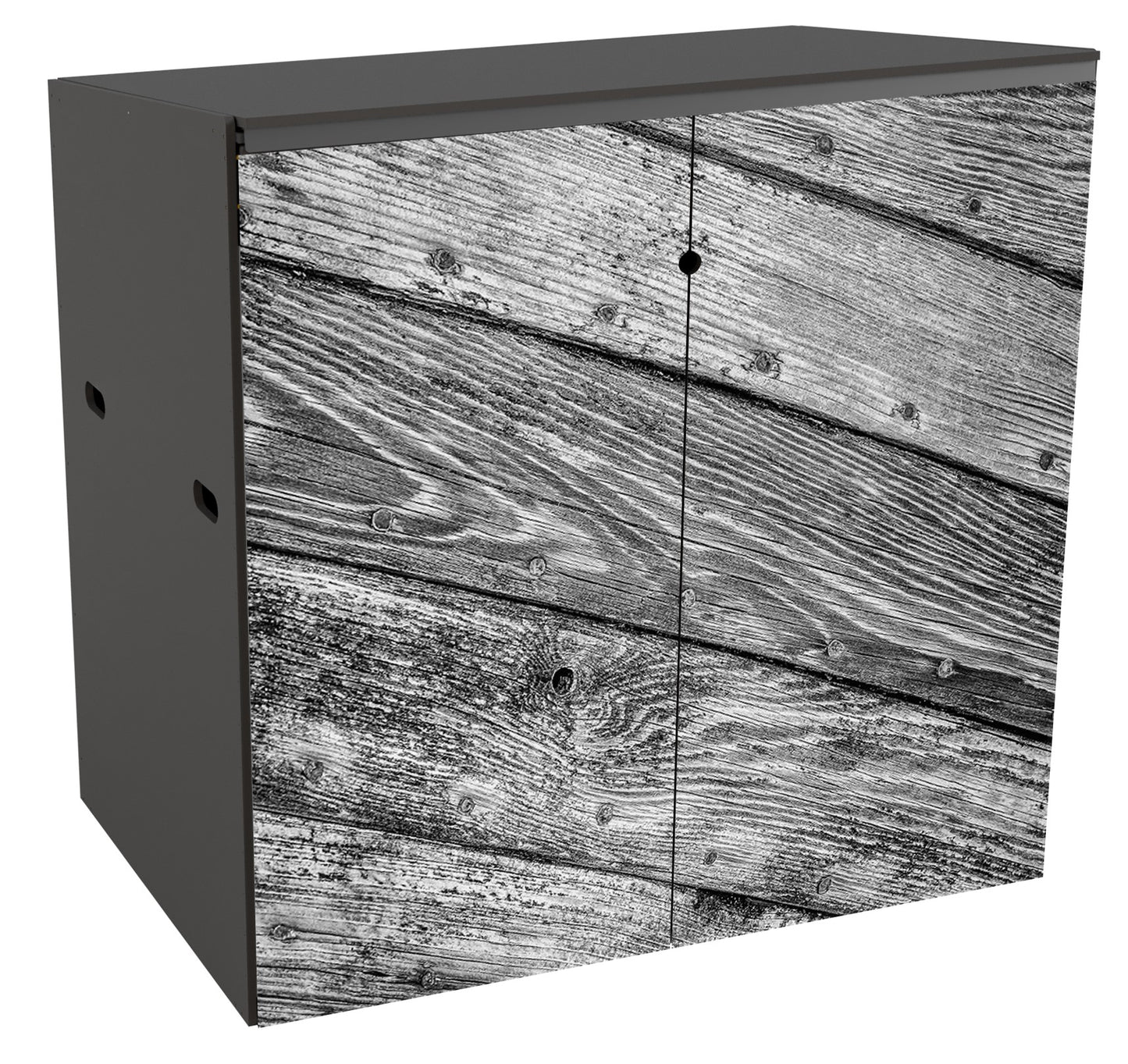 A double binstore with a subtle image in greyscale printed across both doors, of 5 curved planks of wood running diagonally and showing knots and worn grain patterns, and the regular pattern of the nails holding the planks together.