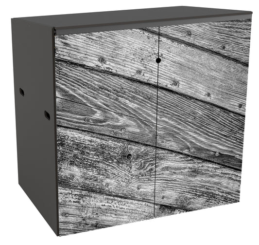 A double binstore with a subtle image in greyscale printed across both doors, of 5 curved planks of wood running diagonally and showing knots and worn grain patterns, and the regular pattern of the nails holding the planks together.