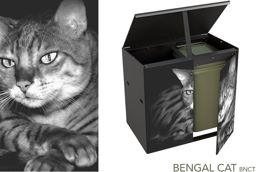 An alternative view of the Bengal cat binstore, with the lid propped open and one of the doors half open revealing a green wheelie bin inside.