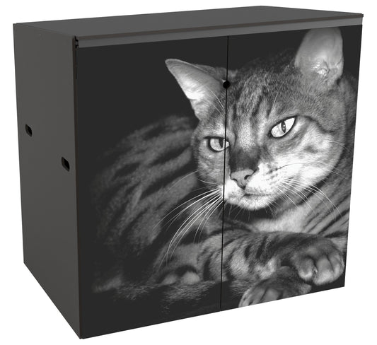 A wheelie bin store for 2 bins with unique cat imagery. A serene, no-nonsense Bengal cat lying down, foreshortened with face looking in from the right side of the image and paws crossed casually. The cat is in greyscale and is set against a black background.