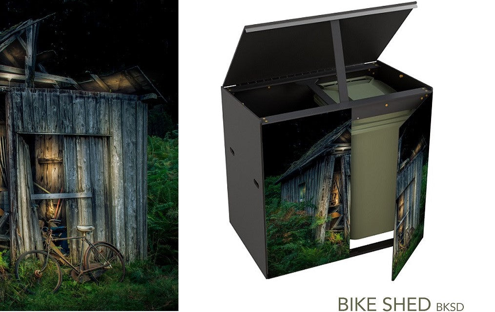 The image of the old shed is as the previous view, but here the store lid is propped open and one door is ajar to reveal a green wheelie-bin inside.