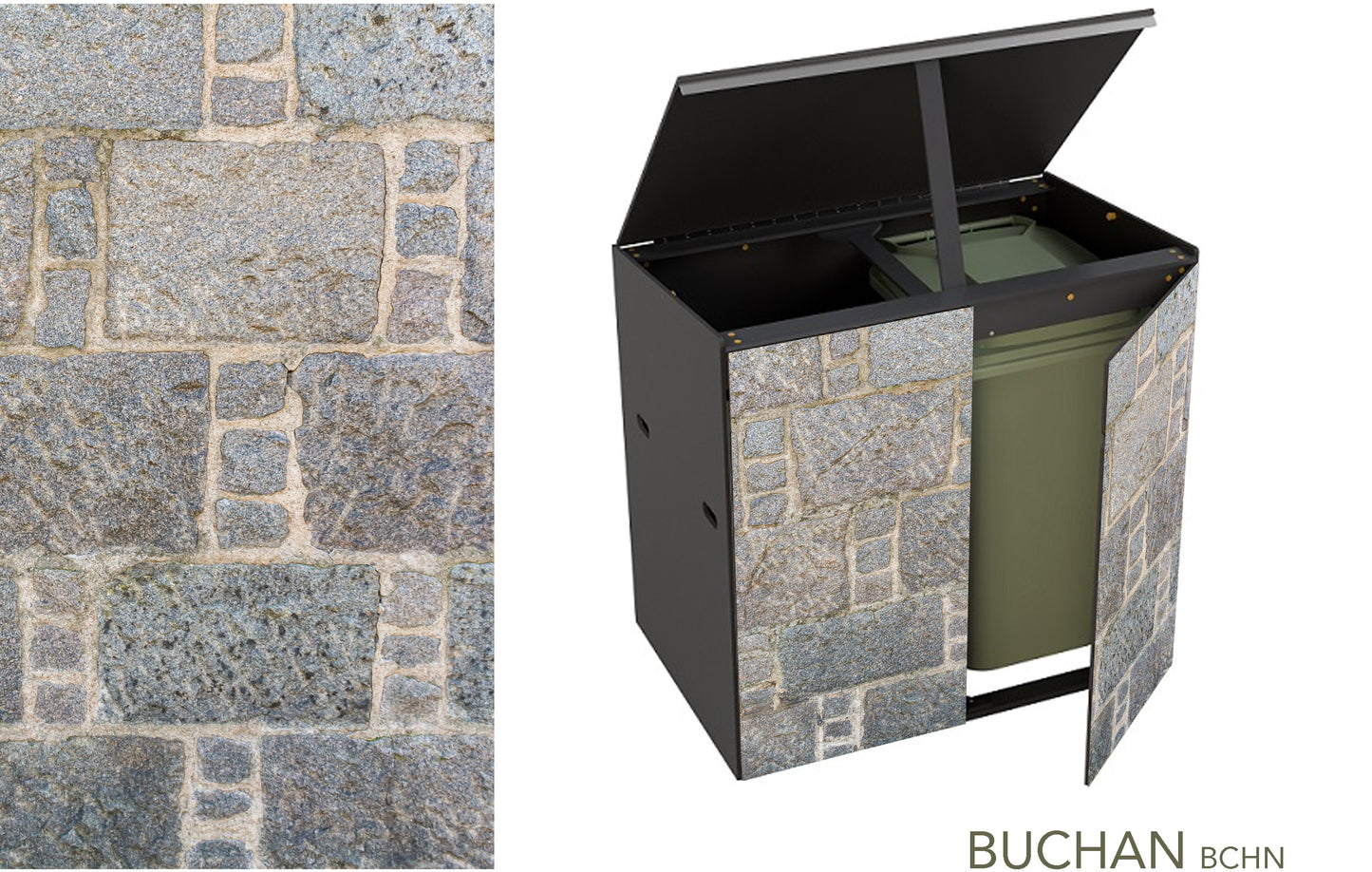The Buchan binstore for 2 wheelie bins but this time the lid is propped open and one door ajar to reveal a green wheelie bin inside.