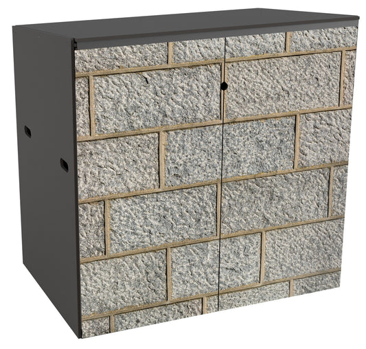Storage for 2 wheelie bins. 4-5 courses of regular rectangular granite block are shown across the doors of the store at life-size. The appreance is of a flat faced wall, but each block has some texture. The pointing is in a sandy colour and very regular also standing slightly proud of the granite face in precise lines. It is a representation of a very ordinary type of wall commonly found  in Aberdeen city and Shire.