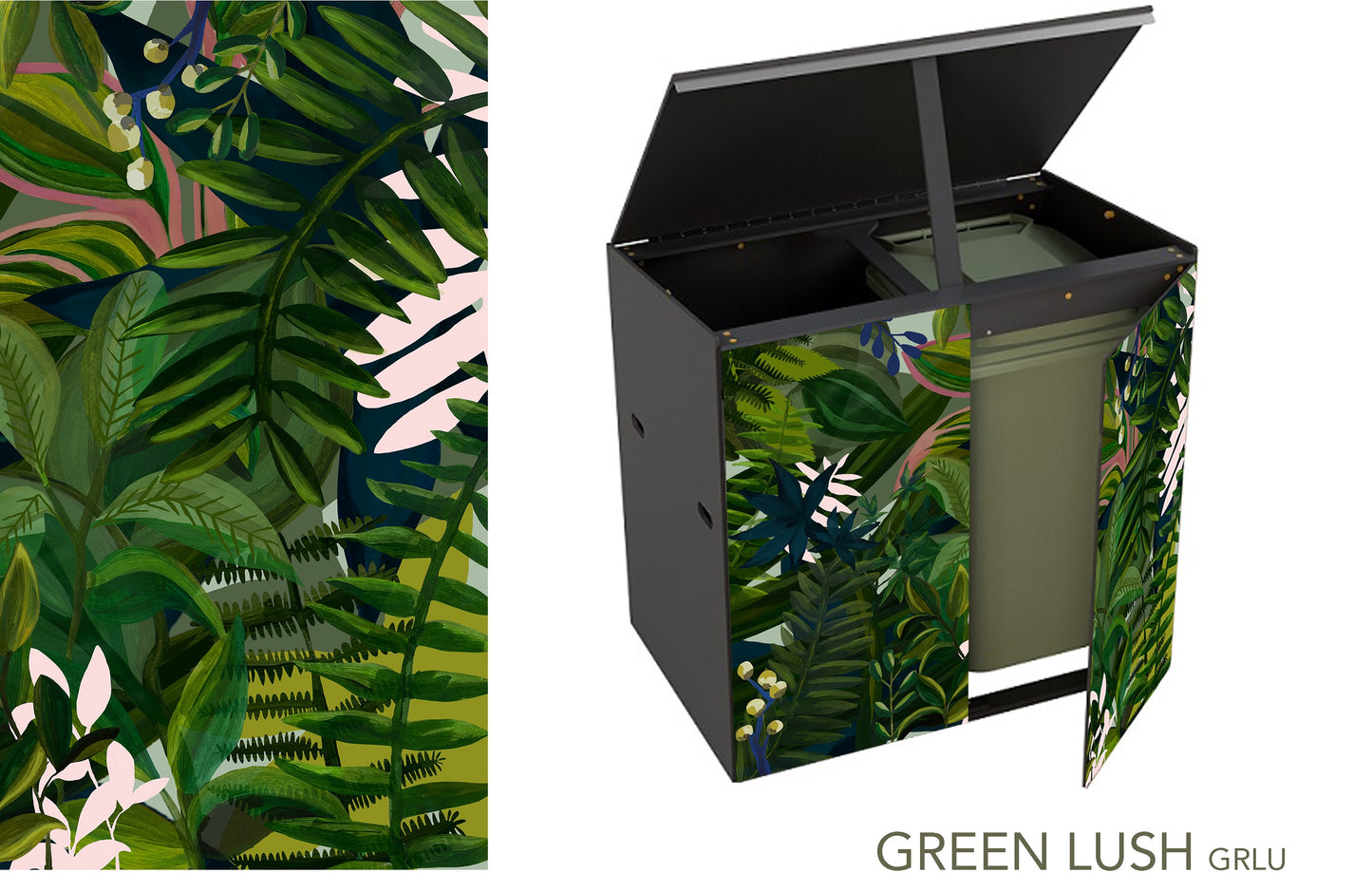 The 2 bin store with jungle vibe featuring vibrant green foliage as previous description but this time the unit lid is propped open and a door is ajar revealing a green wheelie-bin inside.