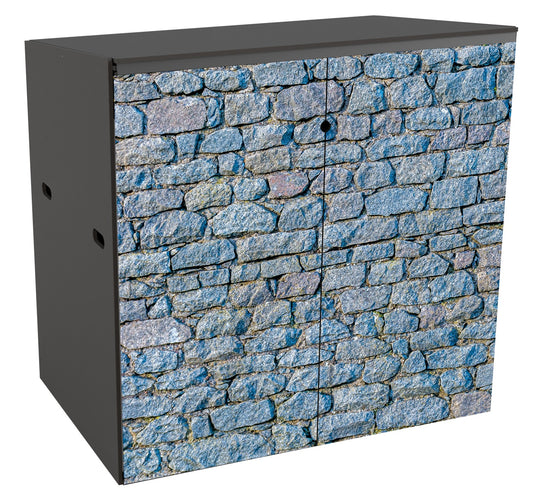 This image shows walling of a smallish granite block in a blue-grey colour printed across the doors. The  blocks are oblong, some more regular shaped and others more rounded. There are 15 courses of granite shown, the face appears fairly flat but has quite a rough texture.