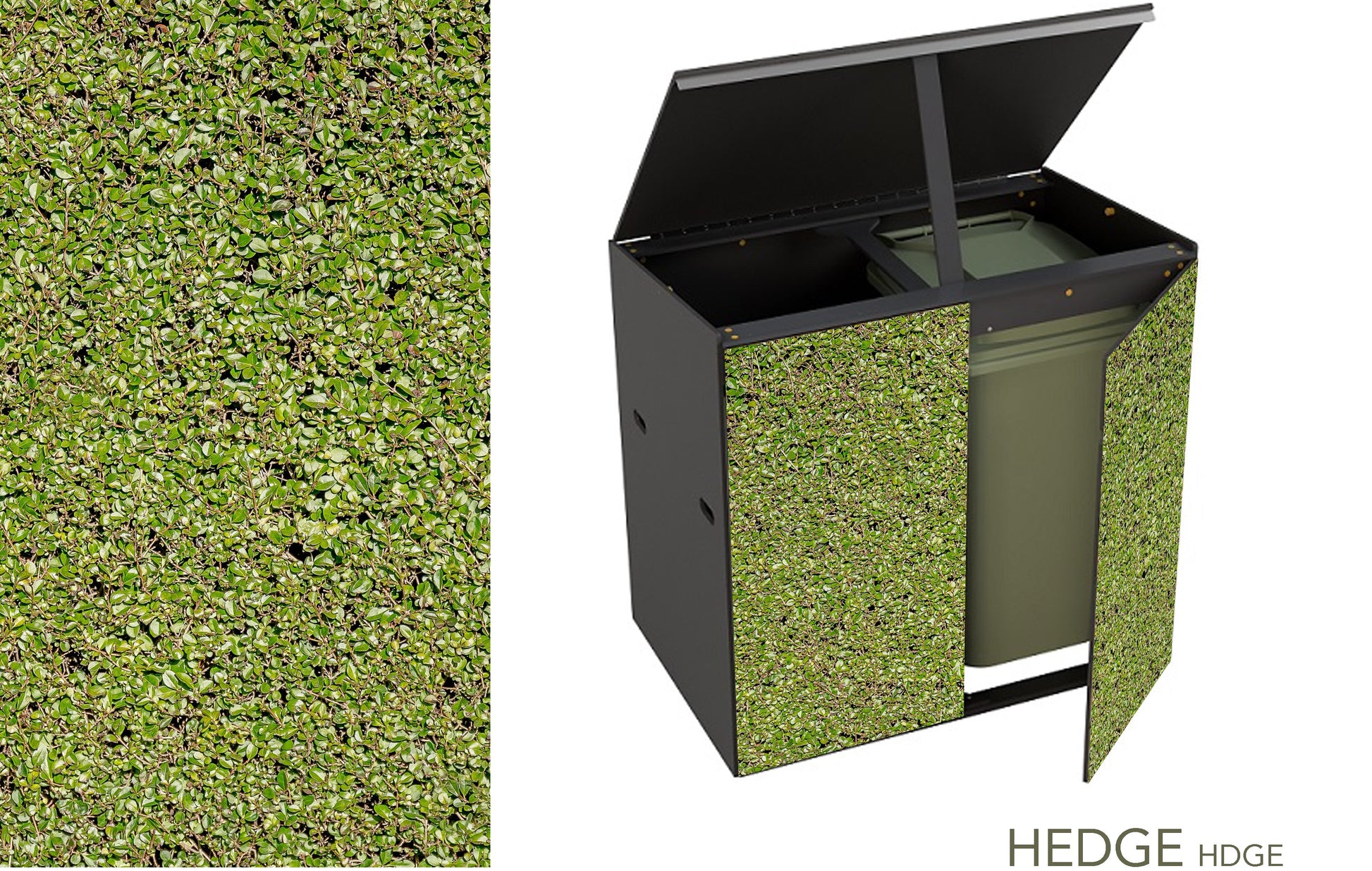 As before a 2 bin storage unit featuring a life sized hedge photograph.  This picture shows the lid propped open and one door ajar to reveal a green wheelie bin inside the store.
