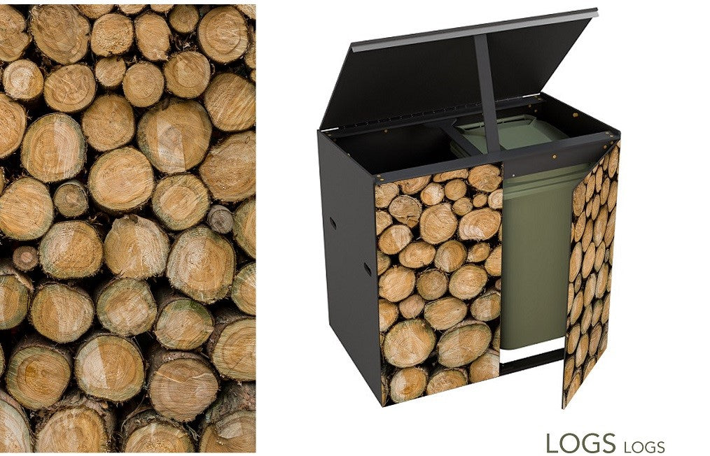 As before - the double storage unit featuring a life size stacked logs photograph  but this time the unit has the lid propped open and one door ajar revealing a green wheelie-bin inside.