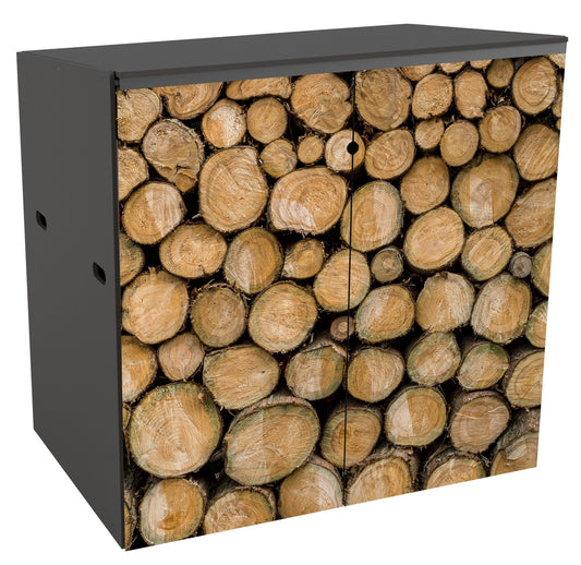A 2 bin storage unit seen from the front featuring a lifesize photo of a stack of logs of between 15 and 30cm in diameter. The saw marks can be seen giving it a rough authentic look. Some of the bark is visible where some logs appear to protude slightly and the spaces between the logs are very dark.