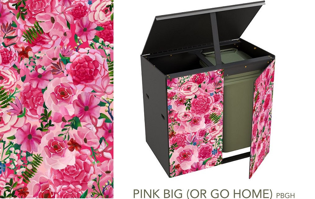 A 2 bin storage unit, the pink floral design as before but the image shows the binstore lid propped open and one door ajar, through which can be glimpsed a green wheelie-bin.