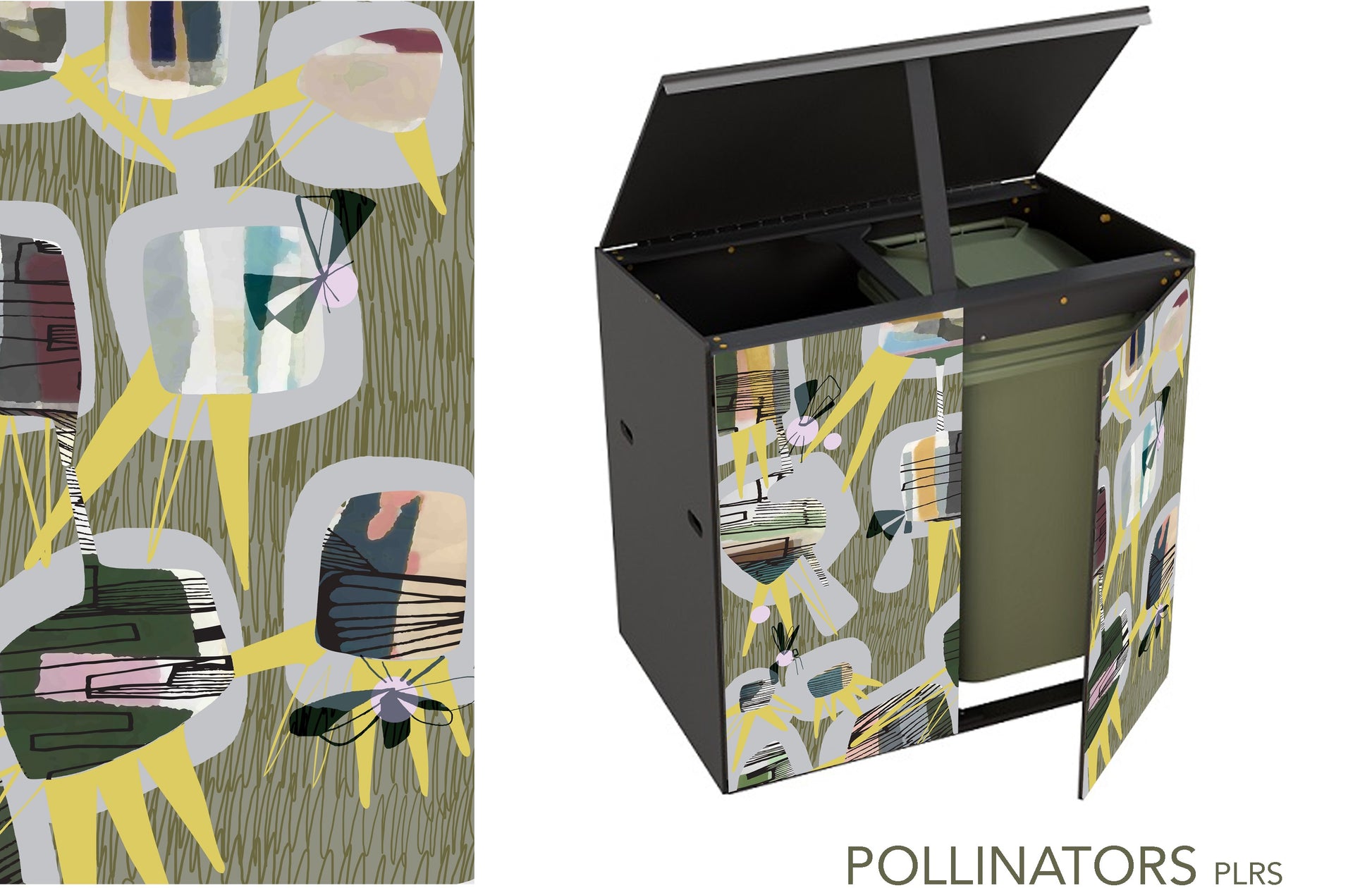 A garden storage unit with mid century style Pollinators design as described before. This time the unit has the lid propped open and one door ajar revealing a green wheelie-bin