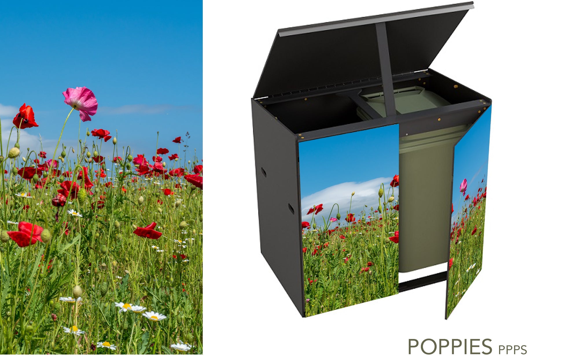 The 2 bin storage unit seen from the front featuring the same poppies image as before but the lid of the store is propped open nd a door is ajar revealing a green wheelie-bin inside.