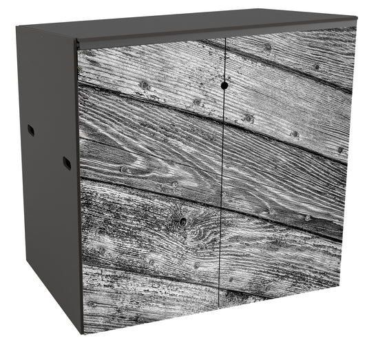 A double binstore with a subtle image in greyscale printed across both doors, of 5 curved planks of wood running diagonally and showing knots and worn grain patterns, and the regular pattern of the nails holding the planks together. 